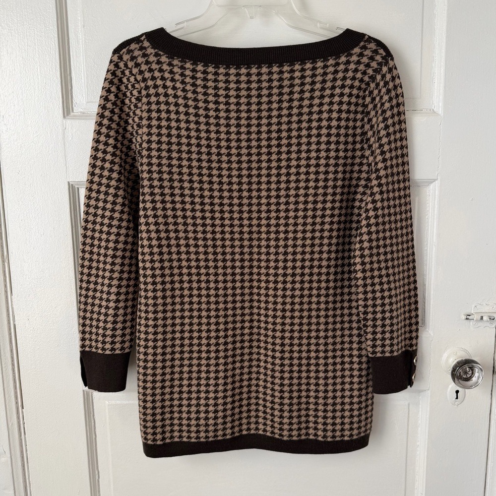 Talbots Merino Wool Brown Houndstooth Sweater‎ Boat Neck Preppy Classic Office M - Picture 4 of 14
